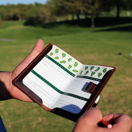 Golf scorecard holder with golf course in the background