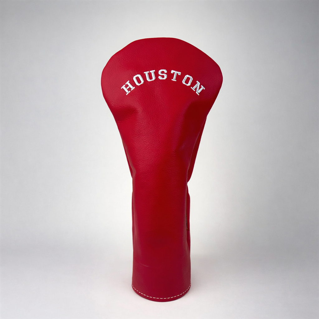 Red golf club head cover with 'HOUSTON' text on a white background