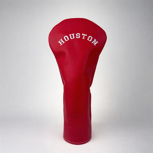 Red golf club head cover with 'HOUSTON' text on a white background