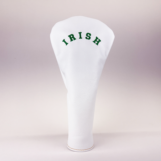 White golf club head cover with 'IRISH' text on a light gray background