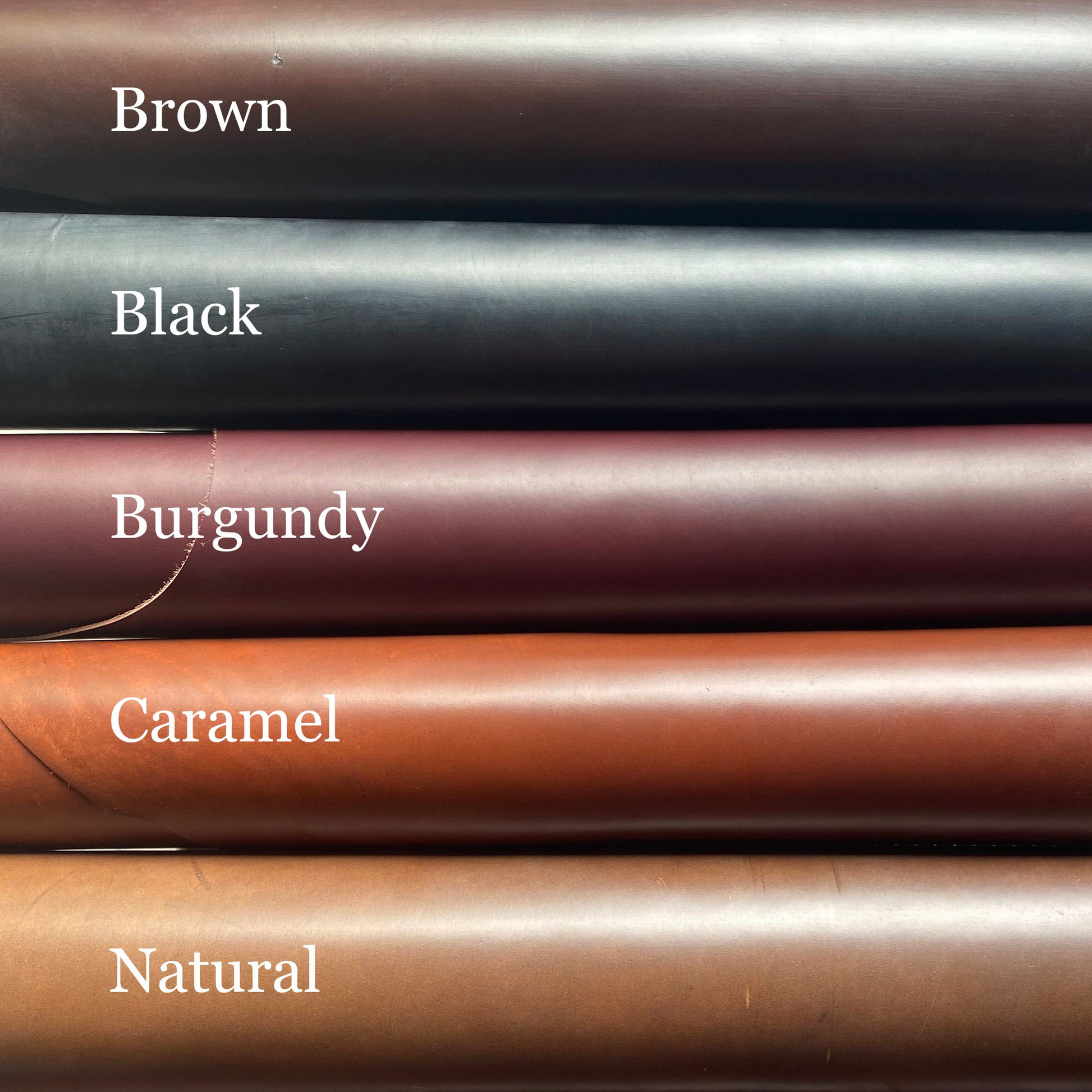 Horween leather color options including brown, black, burgundy, caramel, and natural