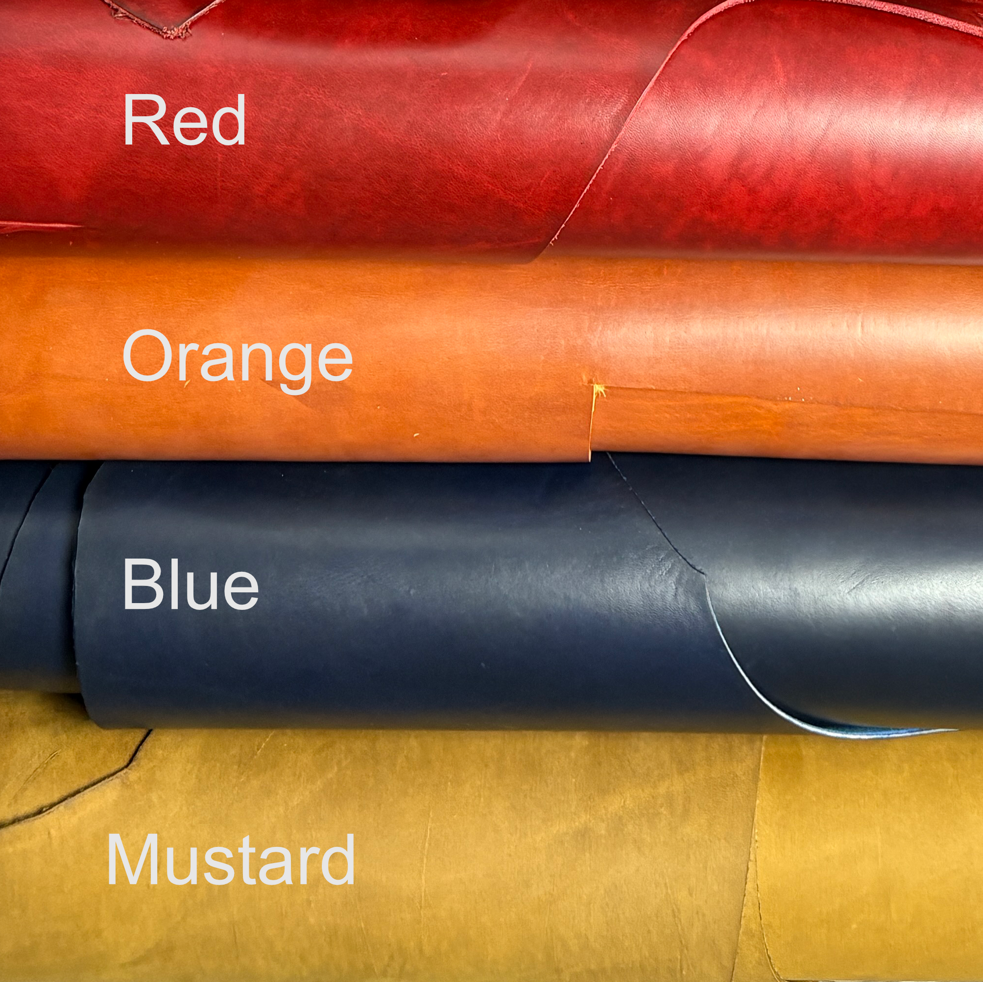 Horween leather color options including red, orange, blue, and mustard yellow