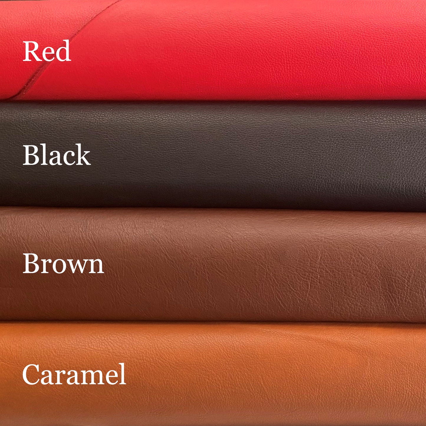 Stack of red, black, brown, and caramel leather samples with labels underneath.