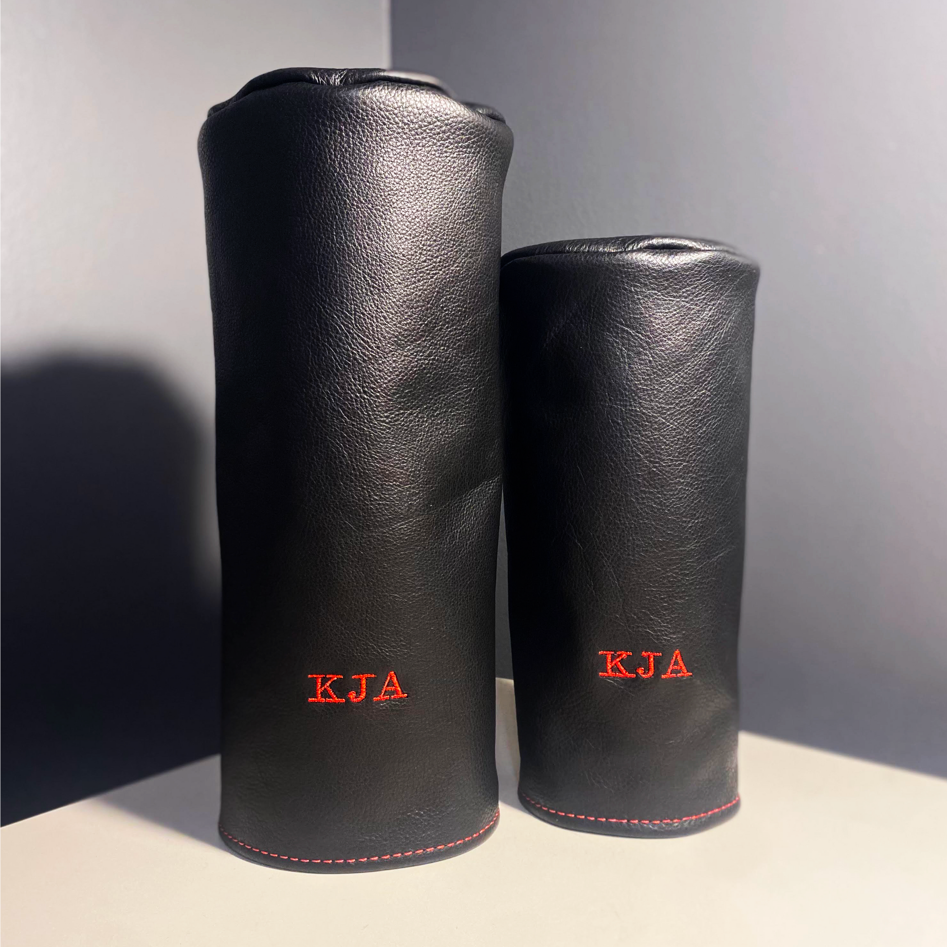 Black embroidered personalized barrel leather golf headcovers
