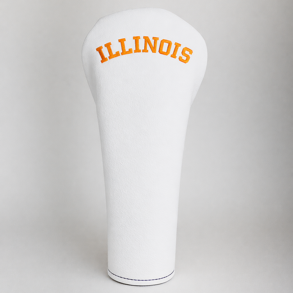 White golf club headcover with 'Illinois' text on a white background