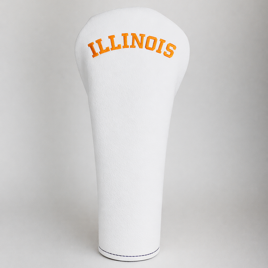 White golf club headcover with 'Illinois' text on a white background